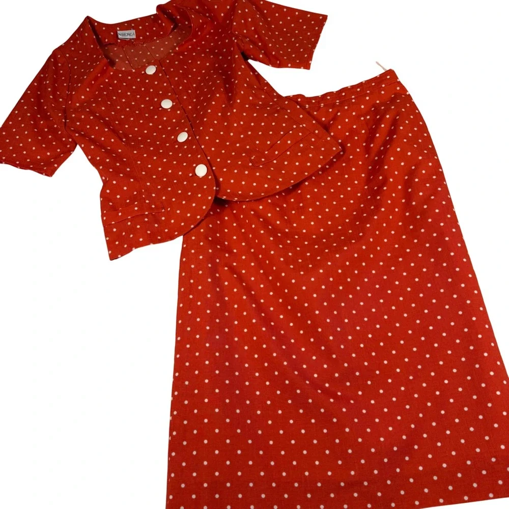 Weinberg Paris Skirt Suit Vintage Red White‎ Polka Dot Short Sleeve Blazer Set